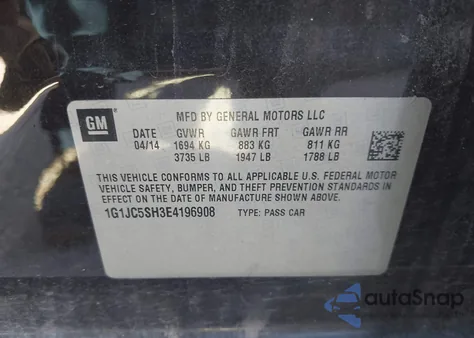 2014 Chevrolet Sonic Lt Auto z USA, uszkodzony, nr VIN 1G1JC5SH3E4196908